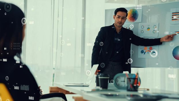 Business people in corporate staff meeting with envisional graphic . Concept of digital technology for marketing data analysis and investment decision making .