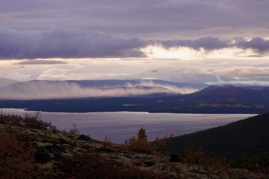 North Russia Khibiny mountains in autumn mountain lake and forest. Murmansk region
