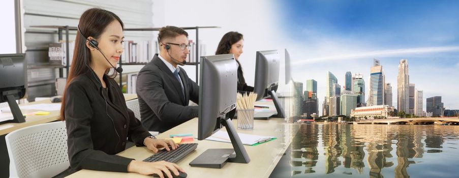 Business people wearing headset working in office to support remote customer or colleague. Call center, telemarketing, customer support agent provide service in broaden view .