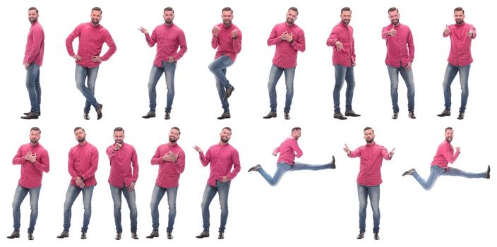 collage of photos of an emotional man in a red shirt. isolated on a white background