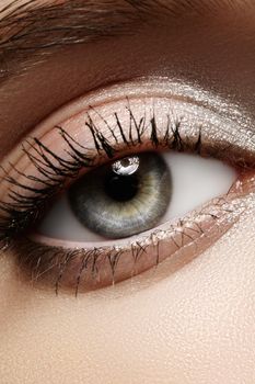 Beautiful macro of female eye with classic clean makeup. Perfect shape eyebrows, silver eyeshadows. Cosmetics and make-up. Care about eyes