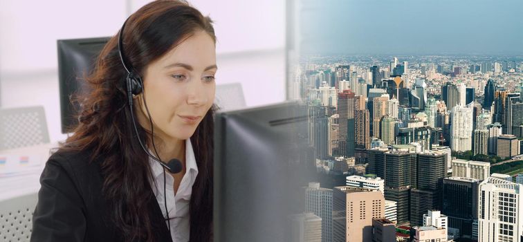 Business people wearing headset working in office to support remote customer or colleague. Call center, telemarketing, customer support agent provide service in broaden view .