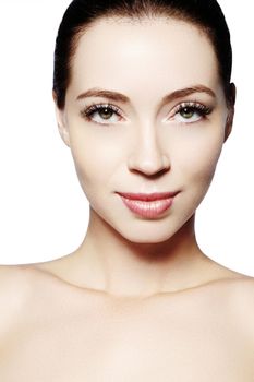 Beautiful face of young woman. Skincare, wellness, spa. Clean soft skin, healthy fresh look. Natural daily makeup.