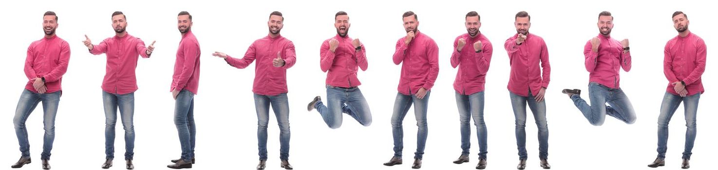 collage of photos of a handsome man in a red shirt. isolated on a white background