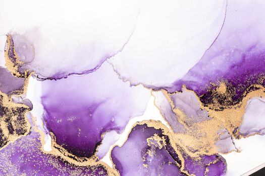 Purple gold abstract background of marble liquid ink art painting on paper . Image of original artwork watercolor alcohol ink paint on high quality paper texture .