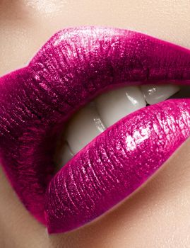 Beautiful Woman Lips with Fashion Glitter Metalic Lipstick Makeup. Christmas Or Valentine Day Make-Up. Beauty Lip Visage. Passionate kiss. Female Sexy Open Mouth
