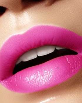 Beautiful bright Fashion Make-up on full Lips. Trend pink lip Makeup. Vivid shiny magenta Lipgloss