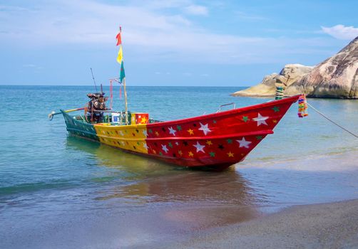 Tropical beach, traditional long tail boats, Gulf of Thailand, Thailand.