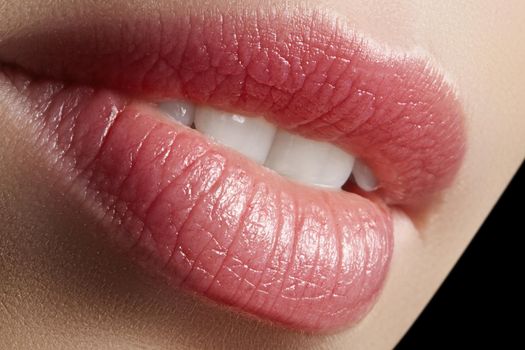Sweet kiss. Perfect natural lip makeup. Close up macro photo with beautiful female mouth. Plump full lips. Close-up face detail. Perfect clean skin, light fresh lip make-up. Beautiful spa tender lip.