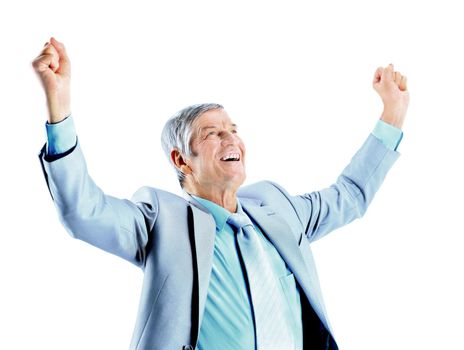 Full length of mature business man celebrating victory on white background