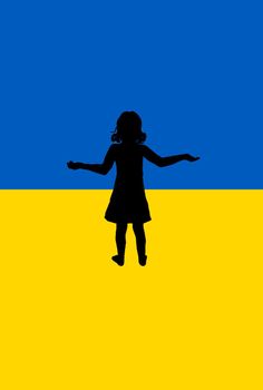 silhouette girl on the flag of ukraine. High quality photo