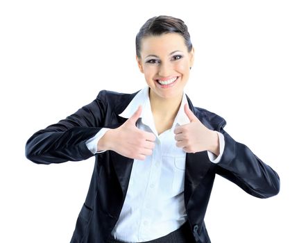 Nice business woman specifies the thumbs up. Isolated on a white background.