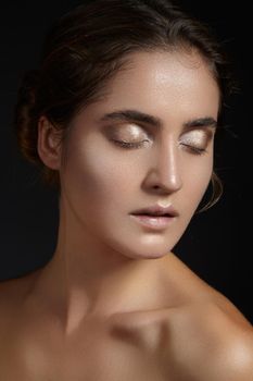 Beautiful face of young woman. Skincare, wellness, spa. Clean soft skin, healthy fresh look. Natural daily makeup.