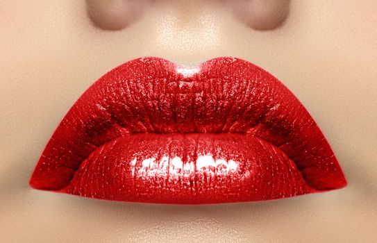 Close-up macro shot of female mouth. Sexy Glamour red lips Makeup with sensuality gesture. Magenta gloss lipstick. Full lips