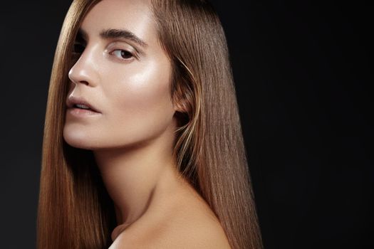 Fashion long hair. Beautiful brunette girl,. Healthy straight shiny hair style. Beauty woman model. Shine smooth hairstyle