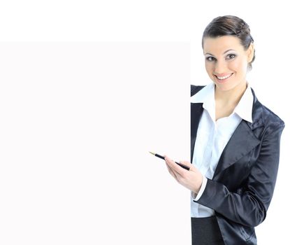 Nice business woman with a white banner. Isolated on a white background.