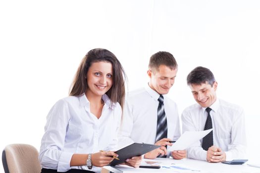 A group of businessmen discussing the policy of the company in the office.