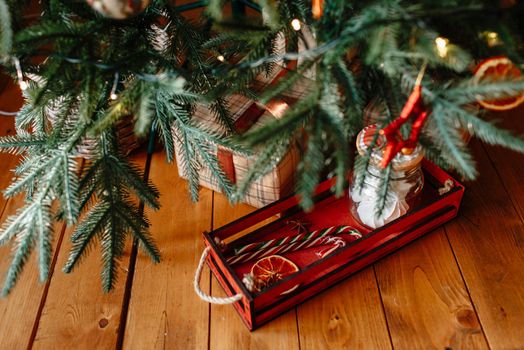 Lollipops lying under the Christmas tree