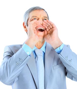 Nice businessman at the age, shouts. Isolated on a white background.