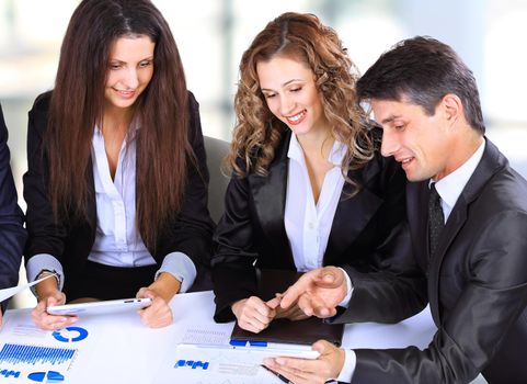 business, technology and office concept - smiling female boss talking to business team