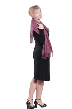 side view of fashion woman in dress with scarf .isolated on white background