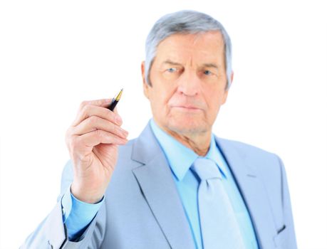 Businessman in age, writes in the air. Isolated on a white background.