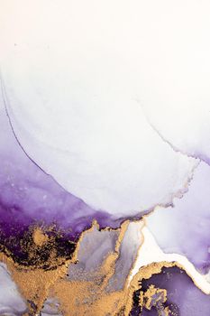 Purple gold abstract background of marble liquid ink art painting on paper . Image of original artwork watercolor alcohol ink paint on high quality paper texture .