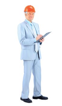 Engineer of age, with a plan reports. Isolated on a white background.