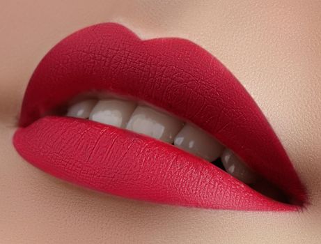 Beautiful Woman Lips with Fashion Lipstick Makeup. Cosmetic, Fashion Make-Up Concept. Beauty Lip Visage. Passionate kiss. Female Sexy Open Mouth