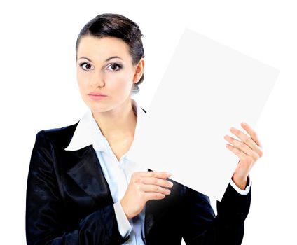 Nice business woman with a white banner. Isolated on a white background.