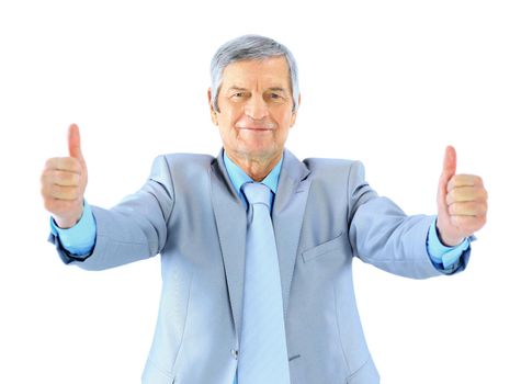 Nice businessman at the age, two thumbs up. Isolated on a white background.