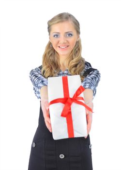 Beautiful businesswoman keeps the laptop. Isolated on a white background.
