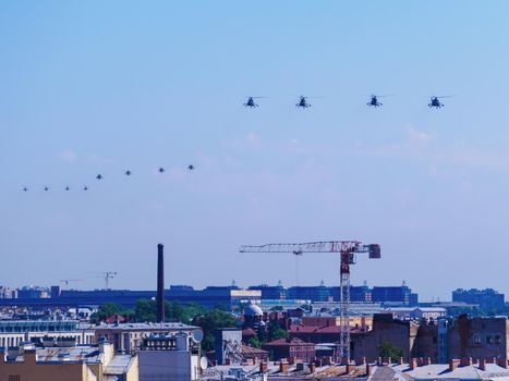 Russia, St. Petersburg - June 24, 2020: Victory Parade in honor of the 75th anniversary of the end of The Great Patriotic War - helicopter