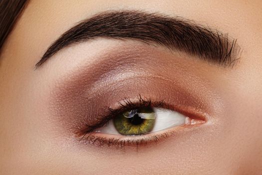 Macro shot. Close-up beauty of woman's eye. Sexy smoky eyes makeup with brown eyeshadows. Perfect strong shape of eyebrows. Make-up and Cosmetics