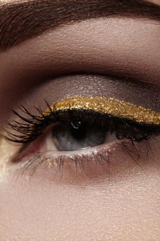 Beautiful macro shot of female eye with ceremonial makeup. Perfect shape of eyebrows, eyeliner and pretty gold line on eyelid. Cosmetics and make-up. Closeup macro shot of fashion sparcle visage