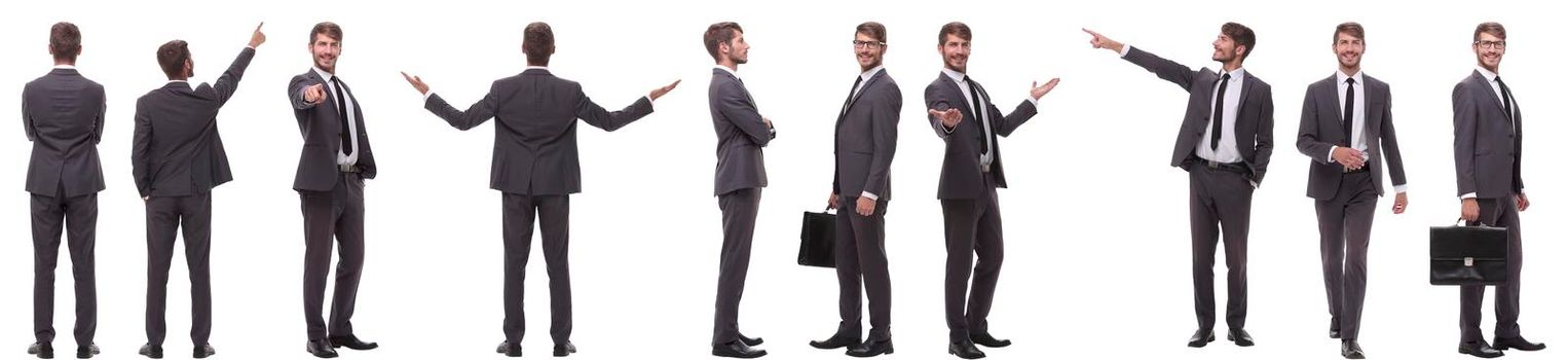 panoramic collage of various photos of a young businessman. isolated on white background.