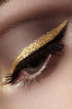 Beautiful macro shot of female eye with ceremonial makeup. Perfect shape of eyebrows, eyeliner and pretty gold line on eyelid. Cosmetics and make-up. Closeup macro shot of fashion sparcle visage