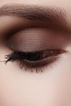 Beautiful macro shot of female eye with classic smoky makeup. Perfect shape of eyebrows, brown eyeshadows and long eyelashes. Cosmetics and make-up. Closeup macro shot of fashion smoky eyes visage