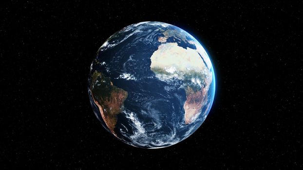 Planet earth with realistic geography surface and orbital 3D cloud atmosphere . Outer space view of world globe sphere of continents . 3D rendering graphic . Elements of this image furnished by NASA .