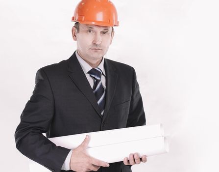 portrait of a confident engineer with the drawings of the new project. photo with copy space