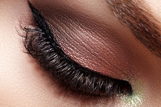 Closeup Macro of Woman Face with Eyes Make-up. Fashion Celebrate Makeup, Glowy Clean Skin, Extra Long Eyelashes.