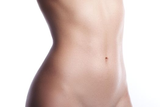 Beatiful body shapes. Slim waist, flat belly, soft clean skin. Perfect female body on white background. Sexy curves, sport form. Healthcare.