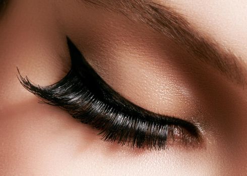 Beautiful macro shot of female eye with extreme long eyelashes and black liner makeup. Perfect shape make-up and long lashes. Cosmetics and make-up. Closeup macro shot of fashion eyes visage