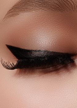 Beautiful macro shot of female eye with extreme long eyelashes and black liner makeup. Perfect shape make-up and long lashes. Cosmetics and make-up. Closeup macro shot of fashion eyes visage