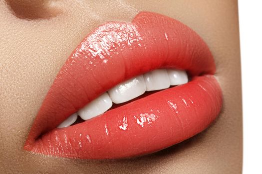 Closeup plump Lips. Lip Care, Augmentation, Fillers. Macro photo with Face detail. Natural shape with perfect contour. Close-up perfect natural lip makeup beautiful female mouth. Plump sexy full lips