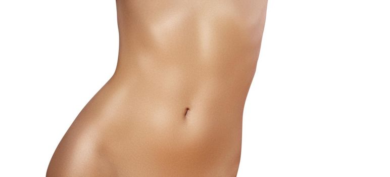 Beatiful body shapes. Slim waist, flat belly, soft clean skin. Perfect female body on white background. Sexy curves, sport form. Healthcare