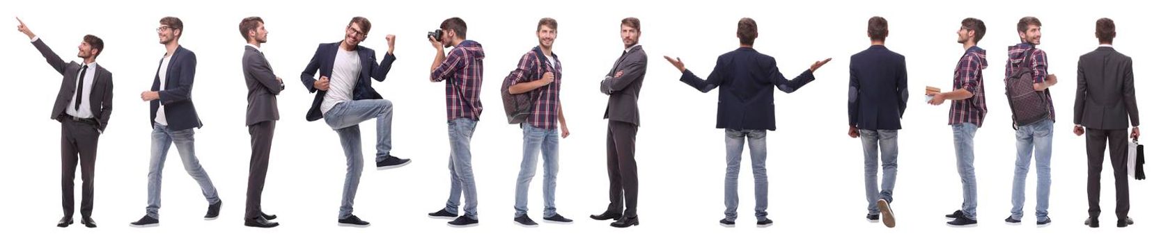 panoramic collage of self-motivated young man .isolated on white background