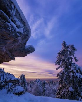 Beautiful bizarre rocks in the famouse place "Stone city" in the Perm region, Middle Ural mountains, Russia