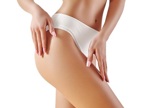 Spa and wellness. Healthy slim body in white panties. Beautiful sexy hips. Fitness or plastic surgery. Perfect buttocks without cellulite.