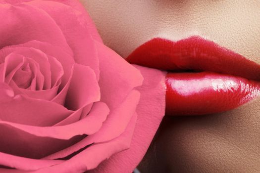 Close-up beautiful female lips with bright lipgloss makeup. Perfect clean skin, light fresh lip make-up. Beautiful spa portrait with red rose flower. Spa and cosmetics